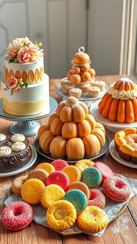 A variety of baked goods including a layer cake, croquembouche, and colorful cookies on a wooden table.